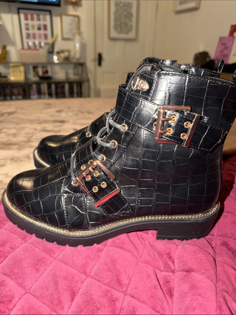 ASOS Black Croc-Embossed Lace-Up Ankle Boots with Gold Buckles